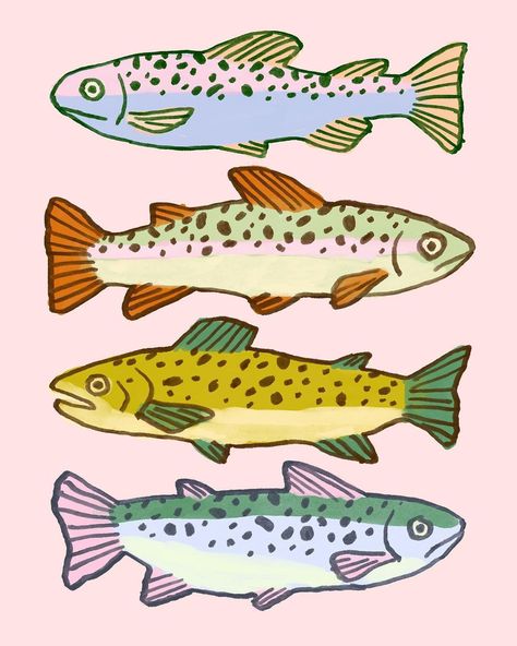 Fun Animal Paintings Easy, Different Fish Drawing, Cute Art To Draw, Funky Fish Drawing, Fish Bones Illustration, Fish Paintings Easy, Funky Illustrations Drawings, Cool Fish Drawing, Sardine Can Illustration