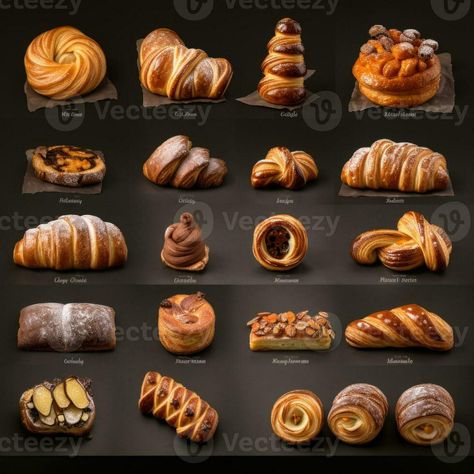 Collage of various types of buns and croissants Patisserie, Brioche, Types Of Croissants, Flavored Croissant, Croissant Design, Bakery Pastries, Types Of Buns, Perfect Burger, Patisserie Design