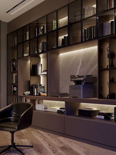 Home Office Luxury Design, Luxury Bookcase Design, Modern Office Shelves, Luxury Home Office Design, Office Wall Unit, Living Room Tv Unit Design, Room Tv Unit Design, Built In Tv Wall, Modern Bookcase Design