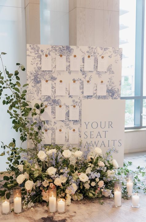 Sarah+Erik Wed at the Pearle Hotel+Spa — Sue Gallo Designs Seating Chart Florals, Wedding Flowers Reception, Wedding Seating Chart Display, Garden Soiree, Hotel Aesthetic, Hamilton Wedding, Blue White Weddings, Diy Wedding Table, Romantic Backdrop