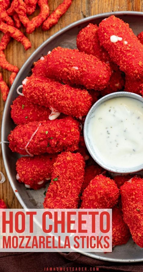 Jan 23, 2023 - Hot Cheeto Mozzarella Sticks are an appetizer with a kick made with string cheese coated in Flamin' Hot Cheetos. Cheeto Mozzarella Sticks, Hot Cheeto Mozzarella Sticks, Cheesy Appetizer, Hot Cheetos, Mozzarella Sticks, Yummy Comfort Food, Sweet Snacks Recipes, Delicious Snacks Recipes, Food Recepie