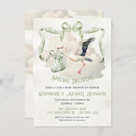 Charming watercolor stork baby shower invitations. Features a stork with baby bundle with ribbons and bows, flying through the clouds to deliver a baby boy. Perfect for a gender neutral shower! To make more changes go to Personalize this template. On the bottom you’ll see “Want to customize this design even further? Click on the EDIT using Design tool. It will take some learning but you can change some of the fonts & some colors, move things around or delete what you need. Adoption Shower, Stork Baby Showers, Neutral Shower, Ribbons And Bows, Delivering A Baby, Shower Diy, Baby Bundles, Shower Themes, Baby Shower Party