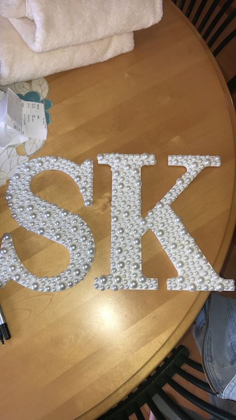 Sigma Kappa pearl letters Letters For Room Decor, Sorority Memory Box Ideas, Little Gifts Sorority Baskets, Sigma Kappa Letters Painted, Painted Wooden Letters Sorority Cute Ideas, Pearl Sorority Paddle, Sorority Letter Painting Ideas, Alpha Phi Letters Painted, Axid Letters Painted