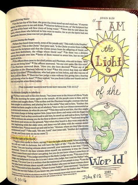 John 8:12, Bible Journaling John, John Bible Journaling, Bible Study John, Journaling Lettering, John Bible, Bible Highlighting, I Am The Light, Bible Journal Notebooks