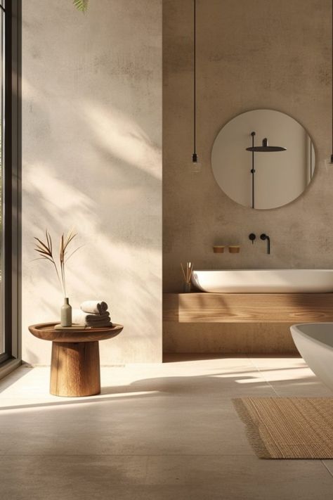 Minimalist bathroom with freestanding bathtub, round mirror, wooden side table, and large window letting in natural light. Minimalist Spa Bathroom, Neutral Aesthetic Interior, Minimalist Organic Design, Modern Japandi Bathroom, Neutral Minimalist Bathroom, Modern Organic Half Bath, Mediterranean Modern Interior Design, Minimalist Home Design Ideas, Organic Modern Mirror