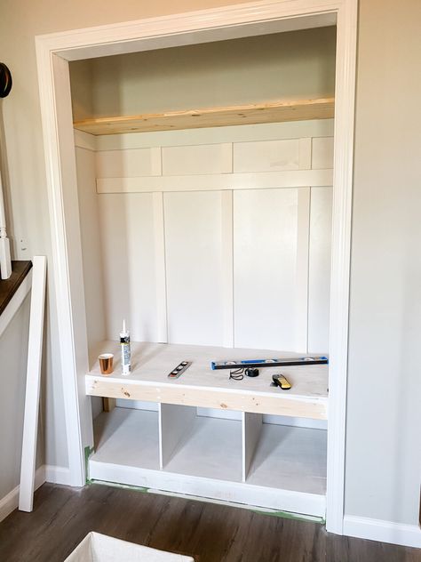 DIY Mudroom Closet Makeover – Come Stay Awhile by Amanda Vernaci | Modern Farmhouse DIY + Home Renovation Diy Mudroom Closet, Mudroom Closet Makeover, Entry Closet Makeover, Closet Mud Room, Closet Bench, Front Hall Closet, Mudroom Bench With Storage, Modern Farmhouse Entryway, Mudroom Bench Ideas