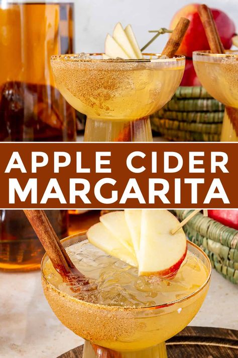 Apple Cider margarita Fall Margarita, Apple Cider Margarita, Fall Inspired Drinks, Cider Margarita, Cinnamon Sugar Rim, Cider Sangria, Apple Cider Sangria, Fall Cocktails Recipes, Perfect Cocktails