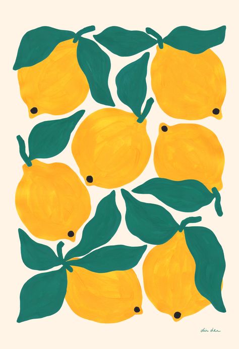 My Lemons print with bright yellow lemons and green leaves, produced as an archival quality, giclée print through @evermade Poster Ideas Painting, Cute Art Patterns, Fun Prints Aesthetic, Simple Lemon Painting, Summer Art Prints, Easy Lemon Painting, Lemon Pattern Design, Easy Prints To Paint, Colorful Graphic Design Poster