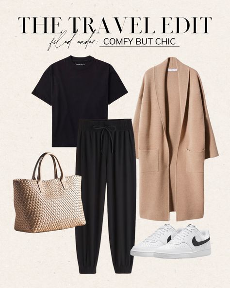 Casual Winter Travel Outfits, Airport Outfit New Balance, Comfy Chic Travel Outfit, Work To Weekend Outfit, Relaxed Weekend Outfit, 4 Day Travel Outfits, Work Outfit With Joggers, Black Jogger Summer Outfit, Black Jogger Travel Outfit