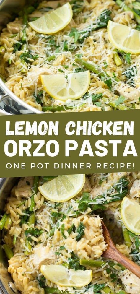 Lemon Chicken Orzo pasta is made with some of the freshest flavors of the season, including lemon, asparagus, Parmesan cheese and spinach! Everything cooks in one pot in under 35 minutes. Lemon Chicken Orzo Pasta, Orzo Recipes With Chicken, Lemon Chicken Spinach, Asparagus Orzo, Chicken Orzo Pasta, Lemon Chicken Orzo, Healthy One Pot Meals, Orzo Recipes, Chicken Orzo