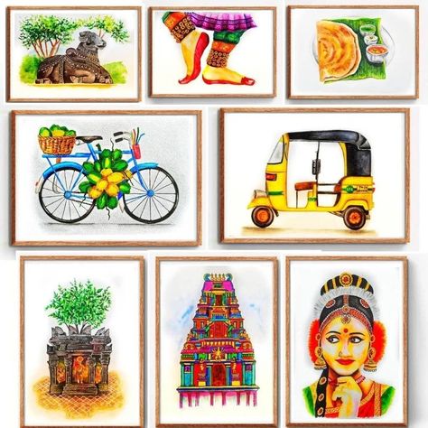 Chennai Art, Tamil Home, Indian Posters, Namaste Art, Indian Wall Decor, Indian Wall Art, Traditional Wall Art, Lotus Flower Art, Simple Painting