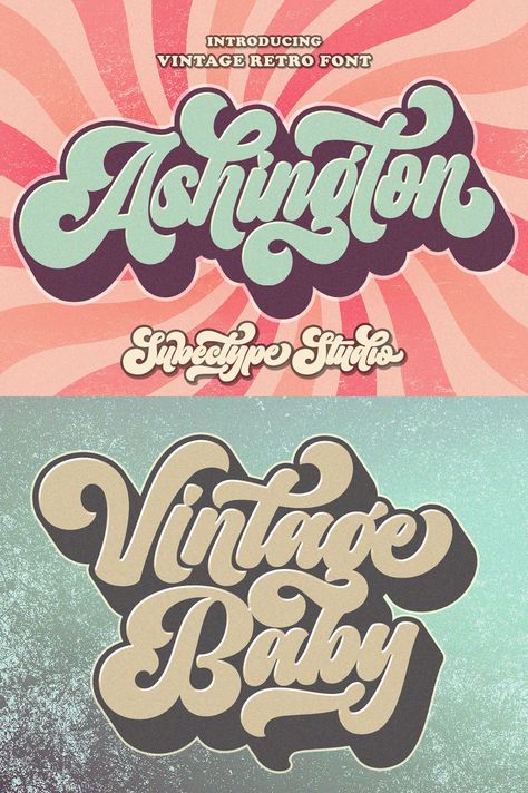 The Ashington is a Vintage retro font. Inspired from retro typography and lettering in the 70’s and 80’s combine with bold typography style. This font perfect for vintage and retro design, badge, logos,t-shirt, poster, branding, packaging, signage, book coverand so much more! The post Retro Ashington – Vintage Font appeared first on Siteoutsite. Wavy Retro Font, 70s Poster Design Typography, Retro Logo Design Inspiration, Retro Text Design, Summer Logo Ideas, Retro Typography Logo, Vintage Logo Design Retro Typography, 50s Logo Design, Retro Modern Graphic Design