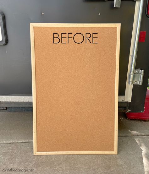 Cork Board Upcycle, How To Paint A Cork Board Diy, How To Make Cork Board, Home Office Bulletin Board Wall, Upcycle Cork Board, Upcycle Bulletin Board, Office Pinboard Ideas, Decorative Bulletin Boards For Office, How To Make A Cork Board Diy