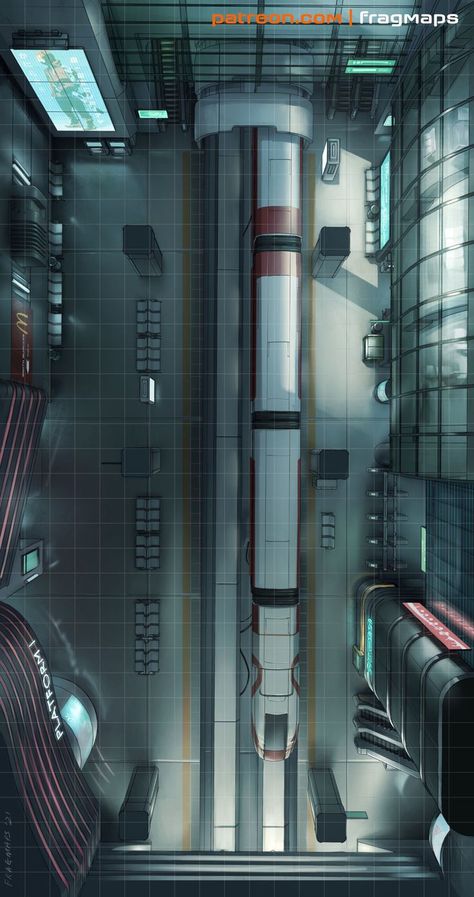 Monorail subway station RPG battle map Ttrpg Map, Cyberpunk Red, D20 Modern, Shadowrun Rpg, Station Map, Traveller Rpg, Cyberpunk 2020, Sci Fi Rpg, Cyberpunk Rpg