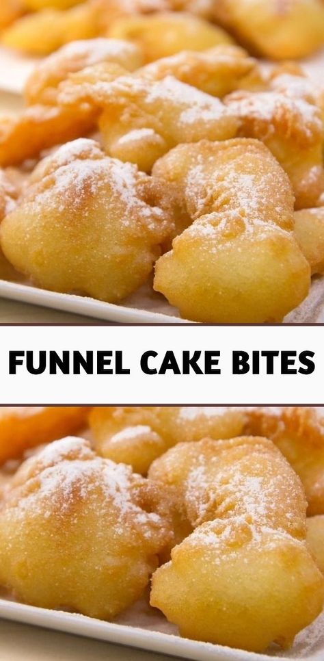 HOMEMADE FUNNEL CAKE BITES RECIPE Breakfast Funnel Cake, Funnel Cake Birthday Cake, Funnel Cakes Recipe Easy, Homemade Funnel Cake Recipe Easy, Small Easy Desserts, Small Dessert Recipes, Easy Funnel Cake Recipe, Funnel Cake Bites Recipe, Easy Funnel Cake