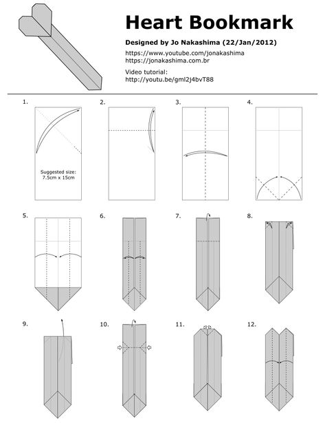 Origami Heart Bookmark - Jo Nakashima Paper Bookmarks Heart, How Make A Bookmark, Heart Paper Bookmark, Book Marks Homemade, Index Card Origami, Simple Origami Bookmark, Origami Corner Bookmarks Step By Step, Origami Bookmark Heart, How Make Bookmark