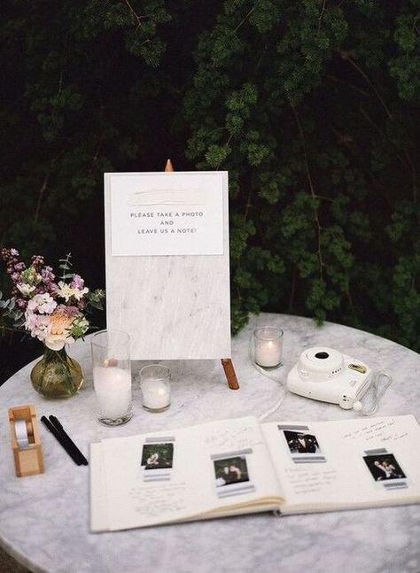 Instant Photo Wedding Guest Book, Fujifilm Instax Mini Wedding Guest Books, Mini Polaroid Wedding Guest Book, Wedding With 50 Guests, Polaroid Ideas Wedding, Minimalist Wedding Bar Decor, 50tg Birthday Party Ideas, Private Wedding Reception, Fujifilm Guest Book