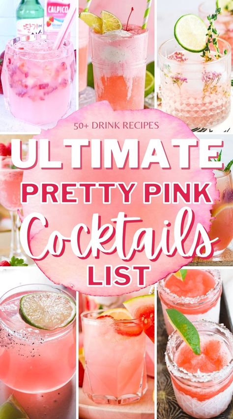 Love pretty pink drinks? Here's an ultimate list of pink cocktails! Over 50 pink cocktail recipes for any occasion. Find spiked pink lemonades, pink mimosas, strawberry sangrias, and so much more! Pink Lemonade Alcohol Drinks, Pink Fishbowl Cocktail, Pink Alcohol Drinks For A Party, Pink Brunch Cocktails, Diy Pink Cocktail, Sweet Pink Alcoholic Drinks, Cute Girly Cocktails, Pink Horderves, Pink Drink Recipes Party Punches