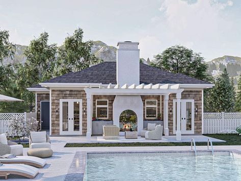 Cottage Guest House Plans, One Bedroom Pool House, Pool Surround Ideas Backyard, 2 Bedroom Pool House Plans, Pool House Designs Layout, Pool Cabana With Bathroom, Pool House Plans Guest Suite, Small Pool House Plans, Pool House Guest House Combo