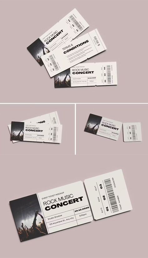 Event Ticket Mockup Concert Invitation Design, Concert Ticket Graphic Design, Ticket Event Design, Music Ticket Design, Diy Concert Tickets, Concert Tickets Design, Travel Ticket Design, Festival Ticket Design, Concert Ticket Design