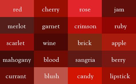 Color Thesaurus / Correct Names of Shades of Red Shades Of Red Color, Colour Dictionary, Red Names, Different Shades Of Red, Red Colour Palette, Color Psychology, Colour Board, Red Aesthetic, Color Theory