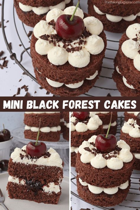 Afternoon Tea Cakes Ideas, Small Black Forest Cake, Mini Cake Recipes Easy, Mini Chocolate Cakes Ideas, Black Forest Mini Cakes, Afternoon Tea Cake Ideas, Easy Mini Cakes Ideas, Mini Sponge Cakes, Easy Valentine Desserts For A Crowd