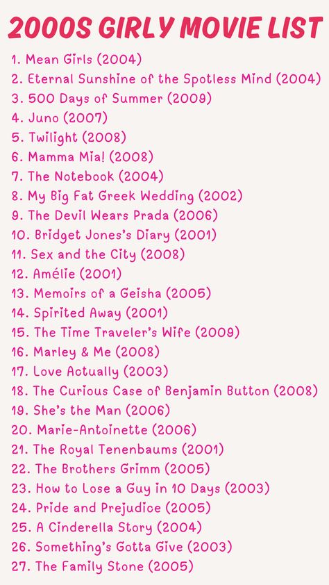 2000s girly movie list High School Series To Watch, Movies Names List, Early 2000s Romance Movies, Feminine Movies To Watch, Girly Movies List, Teen Comedy Movies, Late 90s Early 2000s Movies, Movies 2000s Film, Movie Lists To Watch