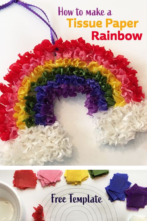 Tissue Paper Diy Crafts, Tissue Paper Square Crafts, Diy Crafts With Tissue Paper, Arts And Crafts With Tissue Paper, Tissue Paper Name Craft, Rainbow Easy Craft, Tissue Paper Rainbow Craft, Spring Tissue Paper Crafts, Tissue Paper Suncatcher Craft