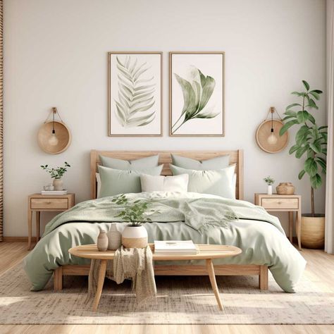 Apartment Decorating Sage Green, Light Bedroom Decor Ideas, Oak Wood Bedroom Decor Ideas, Boho Earth Tone Bedroom, Calming Bedroom Wall Colors, Neutral Bedroom White Furniture, Minimalist Bright Bedroom, Sage Green Apartment Aesthetic, Garden Inspired Bedroom