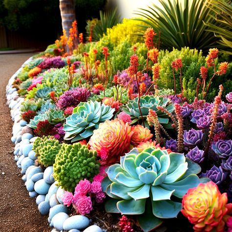 Front Gardens, Drought Tolerant Landscape Front Yard, Succulent Garden Outdoor, Succulent Garden Landscape, Succulent Landscape Design, Succulent Garden Design, Succulent Landscaping, Makeover Tips, Succulent Garden Diy