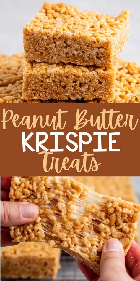 The BEST Peanut Butter Rice Krispie Treats recipe ever - with tons of peanut butter - these are gooey and crunchy and an easy no bake bar. Rice Krispie Treats Jelly Roll Pan, Rice Krispy Treats With Peanut Butter, Reese’s Peanut Butter Cup Rice Crispy Treats, Rice Krispie Treat For One, Pb Rice Crispy Treats, Peanut Butter Rice Crispy Treats Easy, Rice Krispie And Peanut Butter Treats, Brown Butter Peanut Butter Rice Krispie Treats, Desserts Made With Peanut Butter