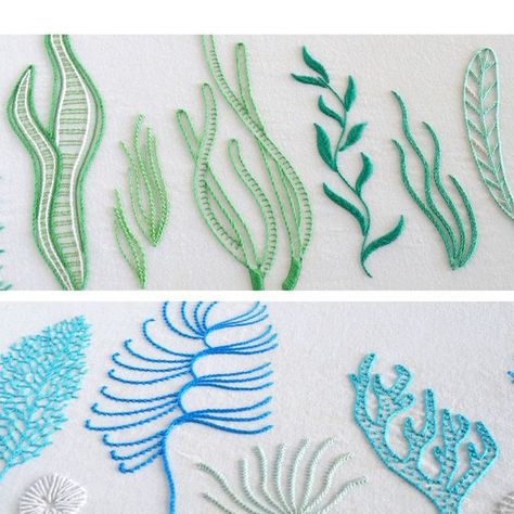 Under The Sea Embroidery Ideas, Embroidered Sea Creatures, Under The Sea Embroidery Designs, Ocean Embroidery Ideas, Embroidery Ocean Theme, Underwater Embroidery Designs, Beach Themed Embroidery, Sea Shell Embroidery Designs, Sea Theme Embroidery