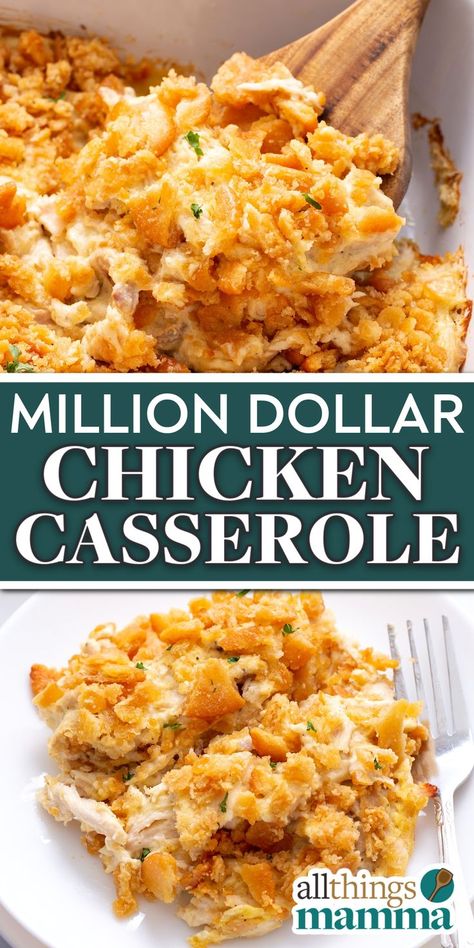 Million Dollar Chicken Casserole collage image pin. Essen, Million Dollar Chicken Casserole, Million Dollar Chicken, Best Chicken Casserole, Dinner Experience, Easy Chicken Casserole Recipes, Chicken Casserole Easy, Ritz Cracker, Berry Breakfast