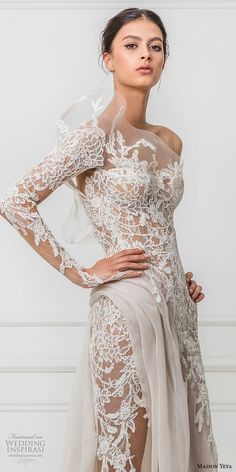 Stunning Wedding Dresses, Maison Yeya, Lace Sheath Wedding Dress, Wedding Dress Illusion, Boho Wedding Dress With Sleeves, Sheath Wedding Dress Lace, Sheath Wedding, Embroidered Bodice, Wedding Dresses 2017