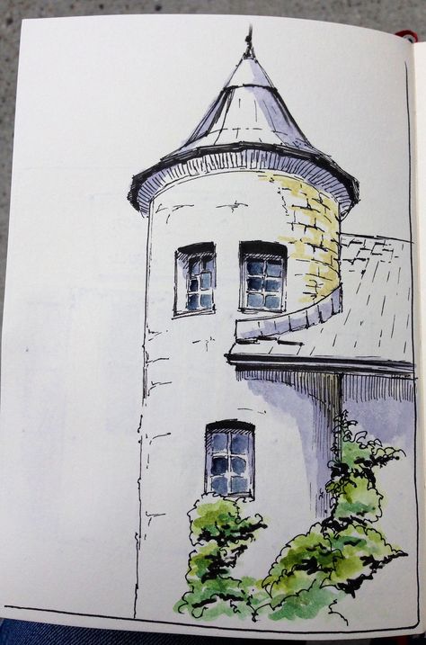 Cool Art Sketches Creative, Creative Things To Draw Sketchbooks, Landscape Drawing Sketch, Simple Architecture Drawing, Landscape Drawing Ideas, Architecture Drawing Sketchbooks, Building Drawing, Watercolor Architecture, Architecture Drawing Art