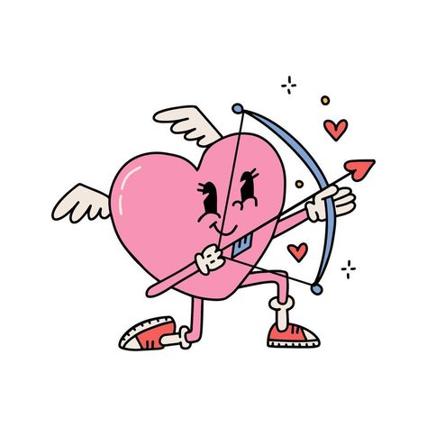 Groovy Cartoon, Heart Mascot, Cupid Drawing, Cute Heart Drawings, Valentines Day Cartoons, Valentine Cartoon, Valentine Drawing, Valentine's Day Illustration, Valentines Day Drawing