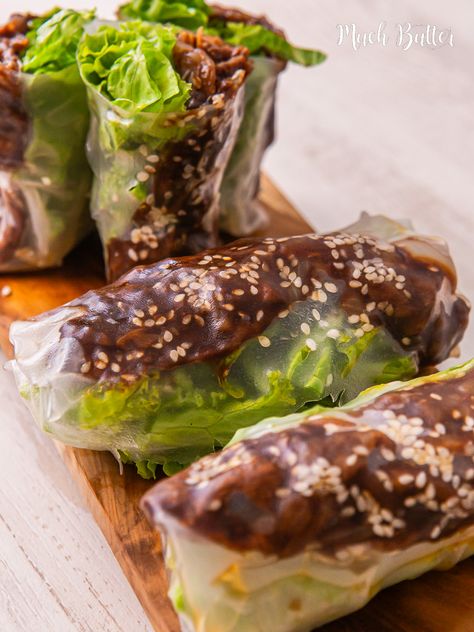 Korean Beef BBQ Spring Roll - Much Butter Beef Bulgogi Spring Roll, Beef Bulgogi Lettuce Wraps, Bulgogi Spring Rolls, Beef Summer Rolls, Lettuce Spring Rolls, Spring Rolls Beef, Ground Turkey Spring Rolls, Beef Rice Paper Rolls, Pork Spring Rolls Recipe Rice Paper