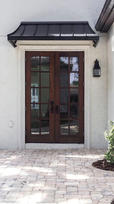 Juliet Awning Front Door, Homes With Awnings Over Windows, Front Door Metal Awning, Metal Awning Front Door, Side Door Awning, Front Door Awnings Entrance House, Metal Awning Patio, Modern Awning Front Door, Metal Portico