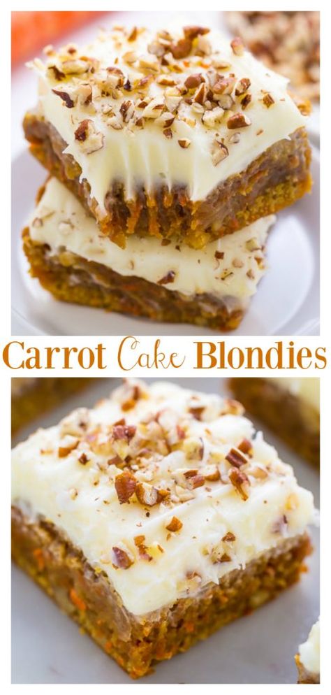 Easy Carrot Dessert Recipes, Dessert Recipes With Carrots, Carrot Cake Inspired Desserts, We Desserts, Carrot Cake Blondies, Carrot Cake Squares, Carrot Cake Pie, Difficult Dessert Recipes, Fun Things To Bake Desserts