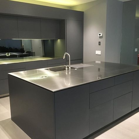 Stainless Steel Kitchen, Kitchen With Steel Counter, Stainless Steel Kitchen Countertops, Stainless Steel Kitchen Counters, Stainless Steel Benchtop, Stainless Steel Bench, Plywood Kitchen, Industrial Kitchen Design, Stainless Kitchen