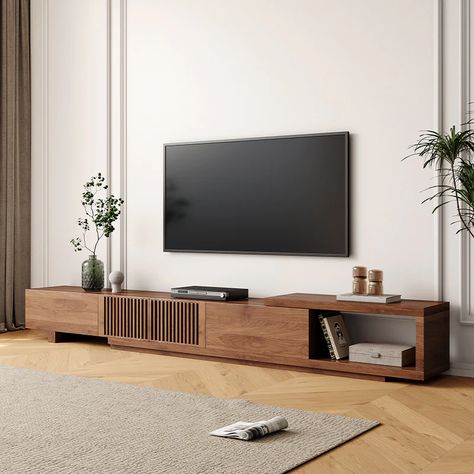 Tv Wall Design Minimalist Wood, Modern Floating Tv Console, Wooden Tv Console Ideas, Wooden Tv Console Modern, Long Low Media Console, Wood Media Console Living Room, Long Low Tv Console, Tv Stand Long, Low Profile Tv Console