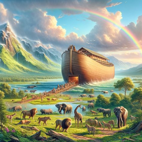 A scene depicting Noah's Ark after the flood, showing a large wooden ark resting on a mountain with a rainbow in the sky. The surrounding landscape is lush and green, symbolizing new beginnings and hope. Animals are disembarking from the ark, including pairs of lions, elephants, and giraffes, walking into the rejuvenated earth. The sky is clear and blue, with a few clouds, emphasizing the theme of renewal and cleansing. The overall mood of the image is one of peace and optimism. Angels According To The Bible, Angels In The Bible, Old Bible, Rainbow In The Sky, Biblical Artwork, Lion Of Judah Jesus, Bible Artwork, Christian Graphics, Spiritual Images