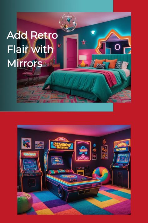 Add Retro Flair With Mirrors: Two vibrant rooms with neon lighting and retro decor, featuring a bedroom with colorful bedding and a gaming room with arcade machines. 80s Themed Bedroom, Room With Neon Lights, Angular Furniture, 80s Inspired Bedroom, Scandi Office, Kitchen Tile Inspiration, Industrial Chic Kitchen, Compact Kitchen Design, Rustic Industrial Kitchen