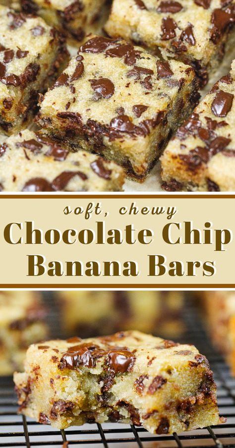 Chocolate Chip Banana Bars, Banana Chocolate Chip Bars, Resep Brownies, Banana Bars, Banana Dessert Recipes, Chocolate Chip Bars, Chocolate Chip Banana, Banana Dessert, Chewy Chocolate Chip