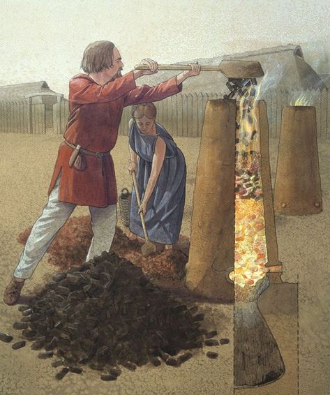 An Iron Age Iron Smelting Furnace. Viking technique for smelting of iron ore was amazingly simple. It only takes some charcoal, some bog iron ore, roasted and crushed, plus a simple clay oven to create "bloom iron". Illustration by Flemming Bau. Ancient History, Stone Age, History Illustration, Germanic Tribes, Ancient Technology, Armadura Medieval, Iron Age, Bronze Age, Dark Ages