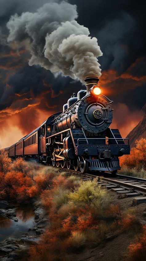 An Antique Steam Passenger Train Traveling Thru Mountains Puffing Lots of Smoke on a Cloudy Winter Day Background vector illustration Zug, Locomotives Train Steam Engine, Vintage Train Illustration, Cool Water Slides, Train Background, Train Artwork, Train Tattoo, Steam Trains Photography, Train Wallpaper