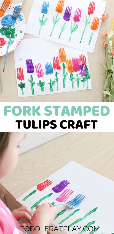 This Fork Stamped Tulips Craft is a fun and unique Spring craft perfect for toddlers and preschoolers!  #forkpainting #tulipcraft #springcrafts #craftsforkids Tk Projects, Gods Creation Crafts, Tulips Craft, Silly Crafts, Preschool Gardening, Aktiviti Tadika, Garden Installation, Spring Arts And Crafts, Babysitting Crafts