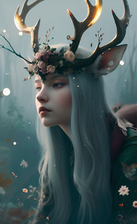 She has a soft pale face with long snowish gray hair, dear antlers growing from the top of her head that are covered in Moss and flowers she has also the cutest little deer ears and has two fox tails. Deer And Rabbit Drawing, Rabbit Human Hybrid, Deer Humanoid, Deer Ears Drawing, Deer Woman Art, Half Deer Half Human, Deer Human Hybrid, Deer Girl Art, Deer Hybrid Human