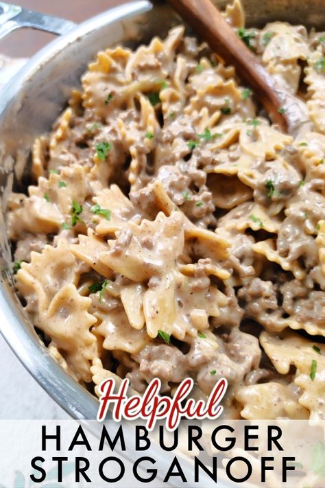 Helpful Hamburger Stroganoff - A family-size recipe for ground beef stroganoff like homemade Hamburger Helper that’s quick, easy and surprisingly delicious! Delicious Ground Beef Recipes, Recipe For Ground Beef, Hamburger Meat Recipes Easy, Hamburger Stroganoff, Hamburger Helper Recipes, Hamburger Dishes, Ground Beef Stroganoff, Hamburger Casserole, Homemade Hamburger