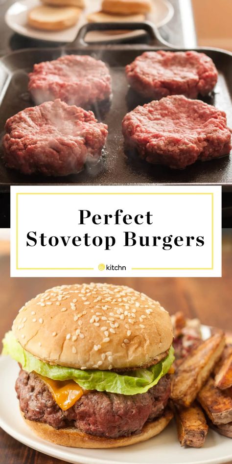 Stovetop Burgers Recipes, Burgers On Stove Top, Hamburger Patty Recipe Stovetop, Burgers Stovetop, Stovetop Cheeseburger, Hamburgers On The Stove, Fried Burgers, The Best Hamburgers, Stovetop Burgers